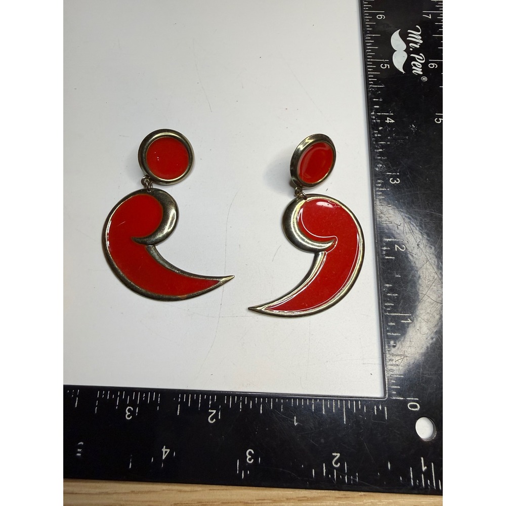 Red Enamel Gold Tone Comma Swirl Statement Drop Earrings Post Back Retro
